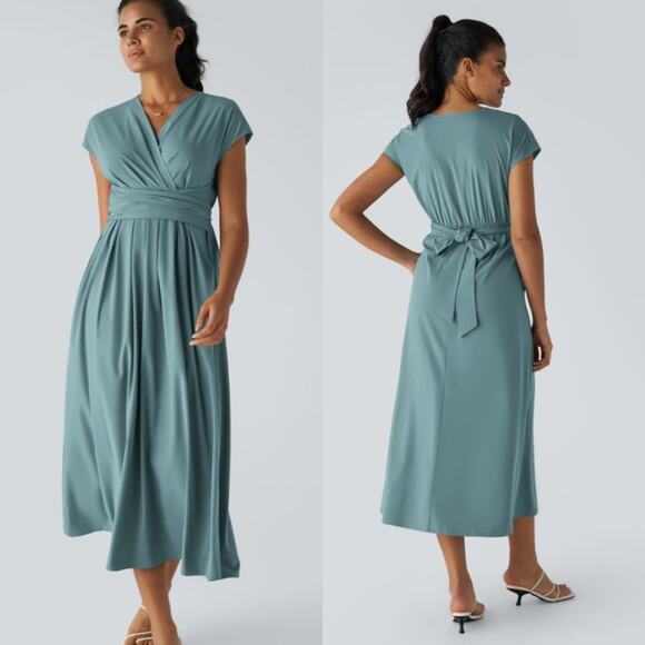 Halara Breezeful™ V Neck Short Sleeve Pocket Tie Back Stone Blue Midi Dress NWT - Picture 1 of 8